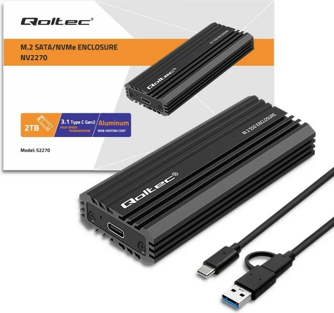 Kasë Qoltec NV2270 për SSD M.2 SATA/NVMe, USB-C, 2TB, e zezë