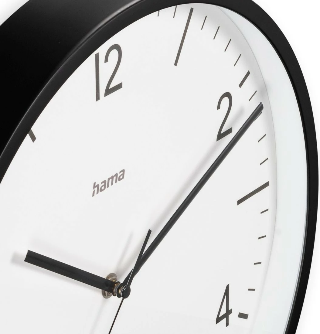 Orë muri, Hama, 185887, 30 cm, radio-kontroll DCF, mekanizëm i qetë, higrometër/termometër, xham, AA, e zezë/e bardhë