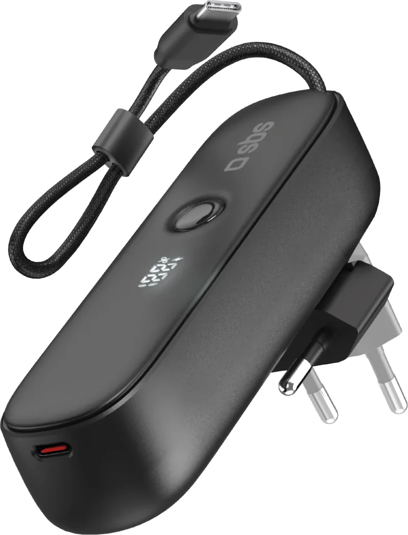 Power bank SBS Hybrid PD 20W 5000mAh me kabllo të integruar USB-C dhe prizë të palosshme, e zezë