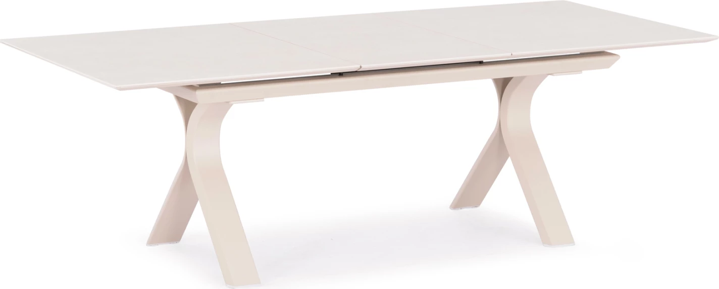 Tavolinë ngrënieje e zgjatshme ANDROMEDA, alumin, sipërfaqe gur sintetik, ngjyrë fildishi, 180-240x100x76.5cm