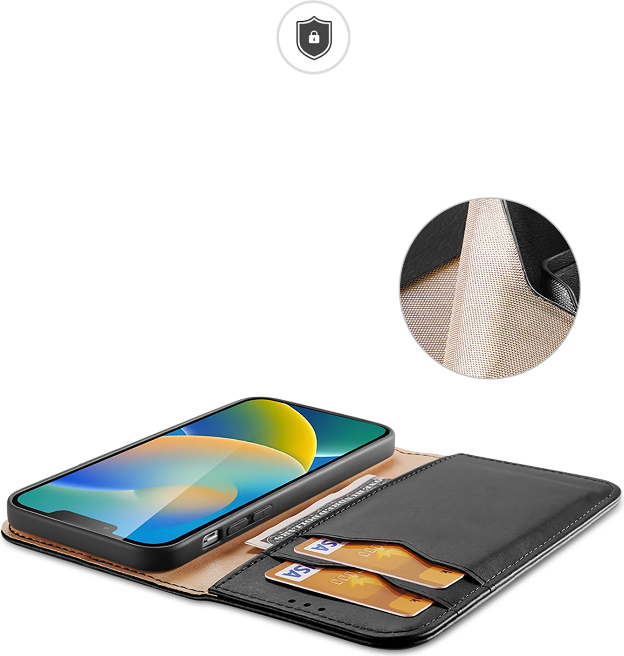 Mbështjellës Dux Ducis Hivo për iPhone 14 Plus, lëkurë natyrale, me xhepa për kartela dhe para, i zi