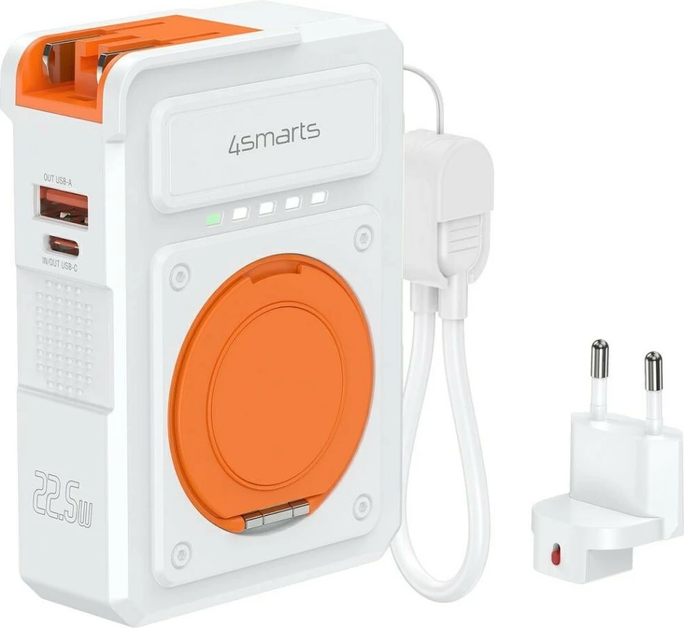 Karikues hibrid 6-në-1 4smarts KAT07417 me powerbank 10000mAh, 22.5W PD/QC, Qi, USB-C + USB-A, kabllo USB-C 12 cm, bardhë