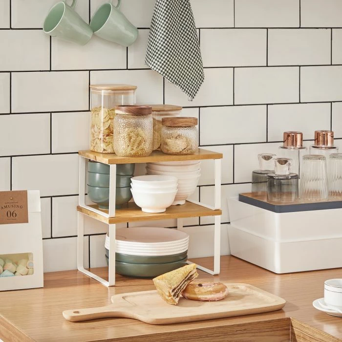 Organizues rafte kuzhine SONGMICS KCS02NW, i zgjatshëm, bambu & metal, 2 copë, zi/natyrale