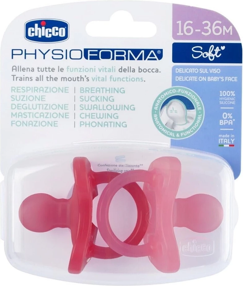 Qetësues silikoni Chicco PhysioForma Soft Calm 16-36 muaj, rozë, 2 copë
