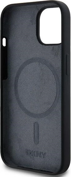 Mbështjellës DKNY Liquid Silicone me logo të bardhë, MagSafe, për iPhone 15 / 14 / 13, i zi