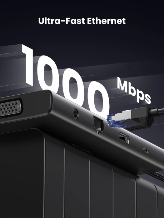 Hub USB-C UGREEN 45520 11-në-1, PD 100W, HDMI 4K@30Hz, VGA, RJ45 Gigabit, SD/TF, AUX 3.5mm, gri e errët