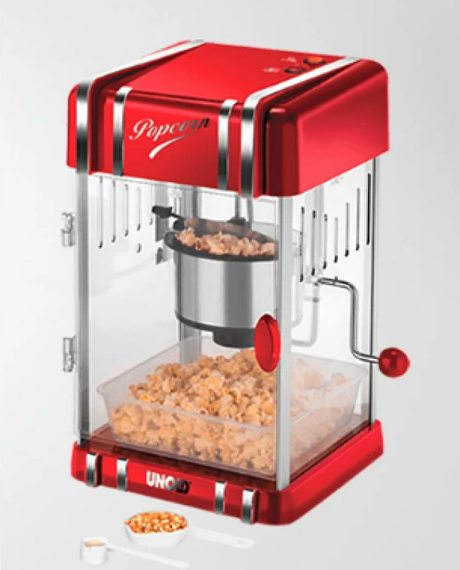 makinë kokoshkash UNOLD Popcornmaker Retro 48535, tenxhere inoksi jo-ngjitëse, tabaka e lëvizshme, dritë/mbajtje ngrohtë, e kuqe