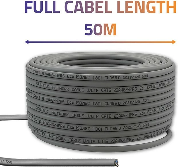 kabllo rrjeti U/UTP CAT6, Qoltec 54559, 50 m, bakër i plotë 23AWG 0.52 mm, deri 1 Gb/s 250 MHz, gri