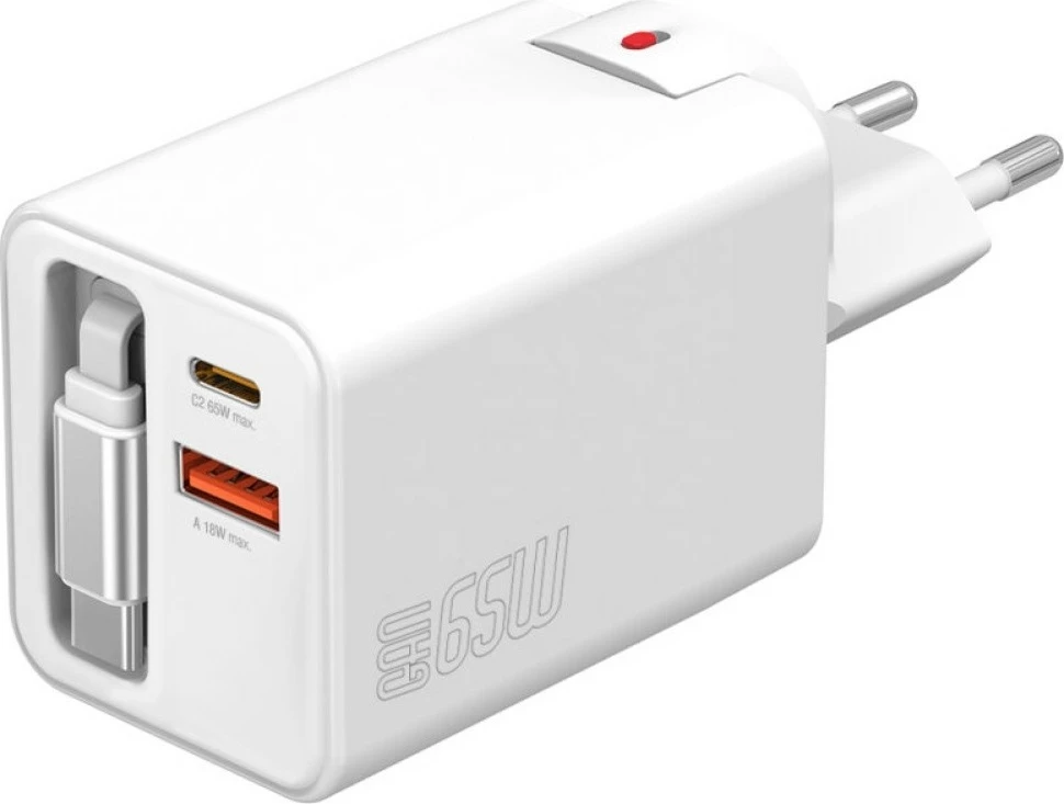 Karikues muri GaN, 4smarts Flex Jojo 4SM000009, 65W PD, 2x USB-C + USB-A, kabllo e integruar e tërheqshme, e bardhë