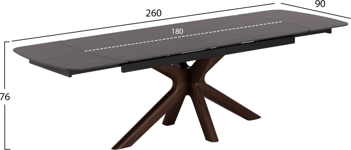 Tavolinë ngrënieje HORIZON, sipërfaqe qeramike, këmbë betuli me shtresë arre, CD18091.01, 180x90x76cm