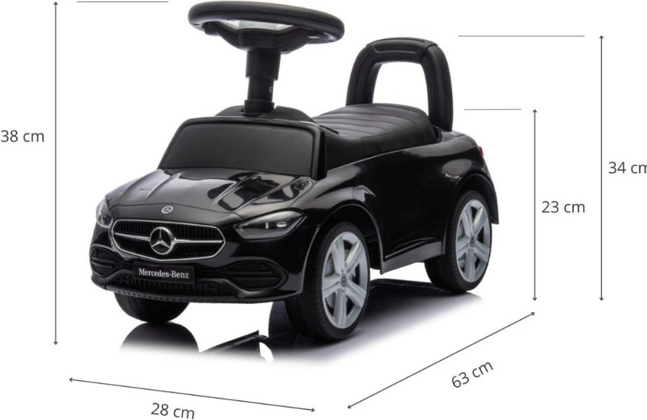 makinë shtytëse për fëmijë, Milly Mally Mercedes C-Class S 6103, 4 rrota, 12m+, ngarkesë 25 kg, timon me tinguj, ndarje nën sedilje, e zezë