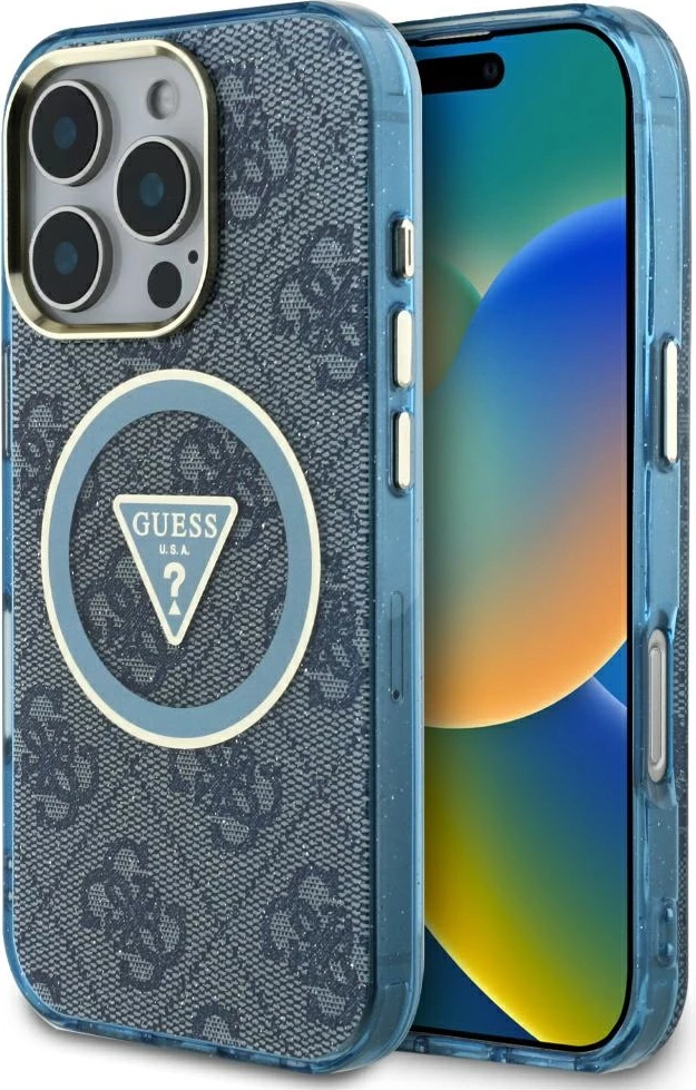 Mbështjellës Guess IML Metal Glitter 4G Circle Triangle MagSafe për iPhone 16 Pro, Blu