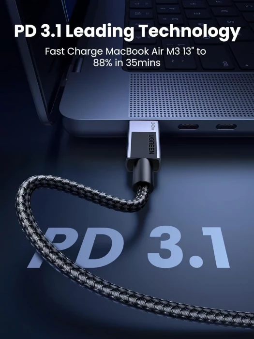 Kabllo karikimi USB-C në USB-C UGREEN 45067, 240W, 1m, PD3.1/PPS, USB 2.0 480Mbps, e zezë