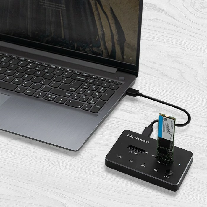 Kasë docking Qoltec 50310 për 2x SSD M.2 SATA NGFF, USB Type C, e zezë