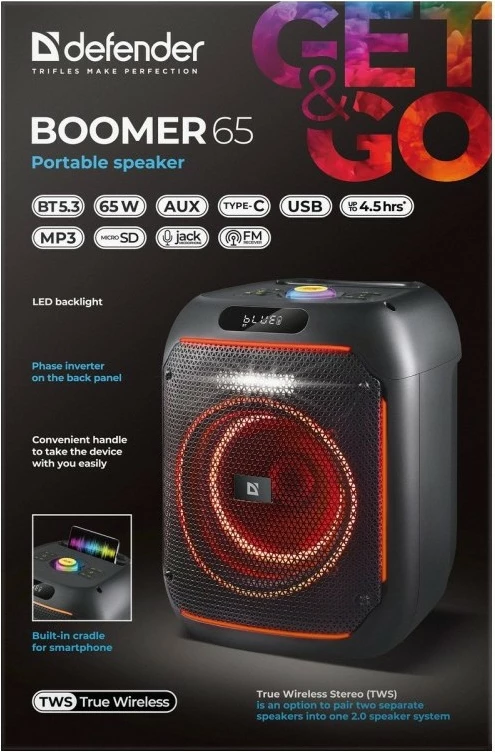 Altoparlant portativ Defender Boomer 65W me Bluetooth, LED, i zi