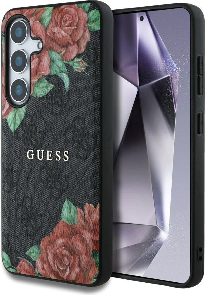 Mbështjellës Guess Leather 4G Flowers Print Metal Classic Logo MagSafe për Samsung Galaxy S25, Zi