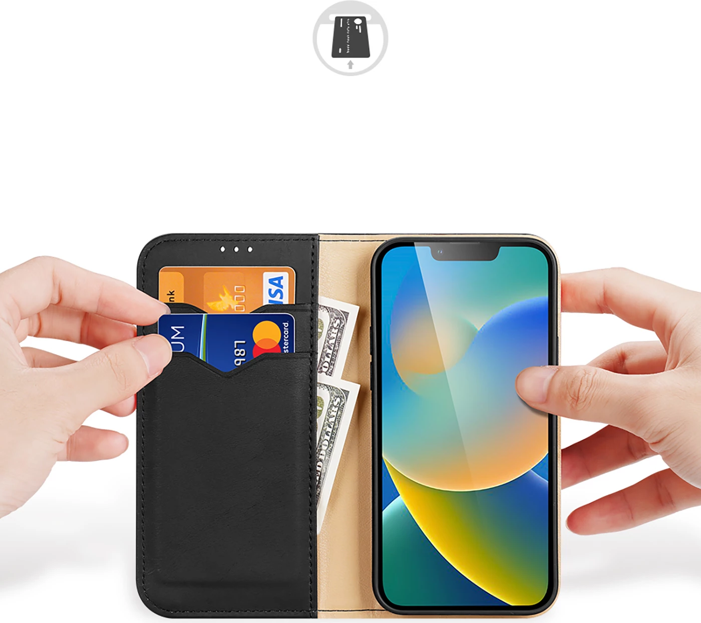 Mbështjellës Dux Ducis Hivo për iPhone 14 Plus, lëkurë natyrale, me xhepa për kartela dhe para, i zi