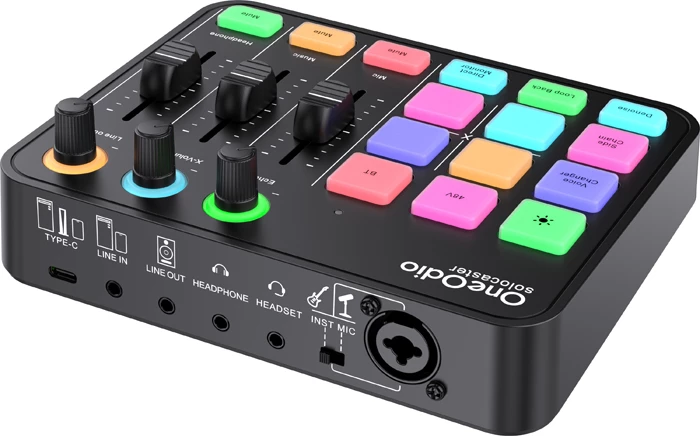 Mikser audio me kartë zanore USB-C OneOdio Solocaster, 24-bit/48kHz, 48V phantom, RGB, e zezë, set