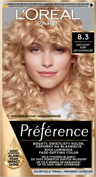 Ngjyrë për flokë L'Oreal Paris Preference 8.3 Light Golden Blonde për femra, 1 copë