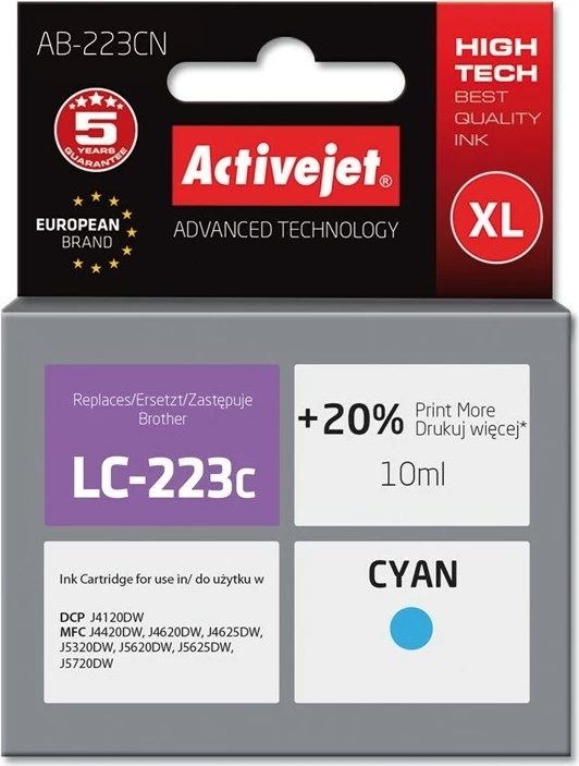 Ngjyrë zëvendësuese Activejet AB-223CN për printer Brother, 10ml, e kaltër
