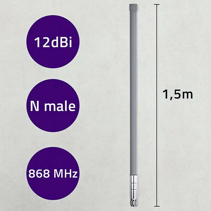 Antenë LoRa Qoltec 57053 omnidireksionale 12 dBi 868 MHz N-male për jashtë 1.5 m fibrë qelqi, gri, me aksesorë montimi