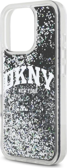 Mbështjellës DKNY DKHCP16LLBNAEK për iPhone 16 Pro 6.3", hardcase, Liquid Glitter Arch Logo, zi