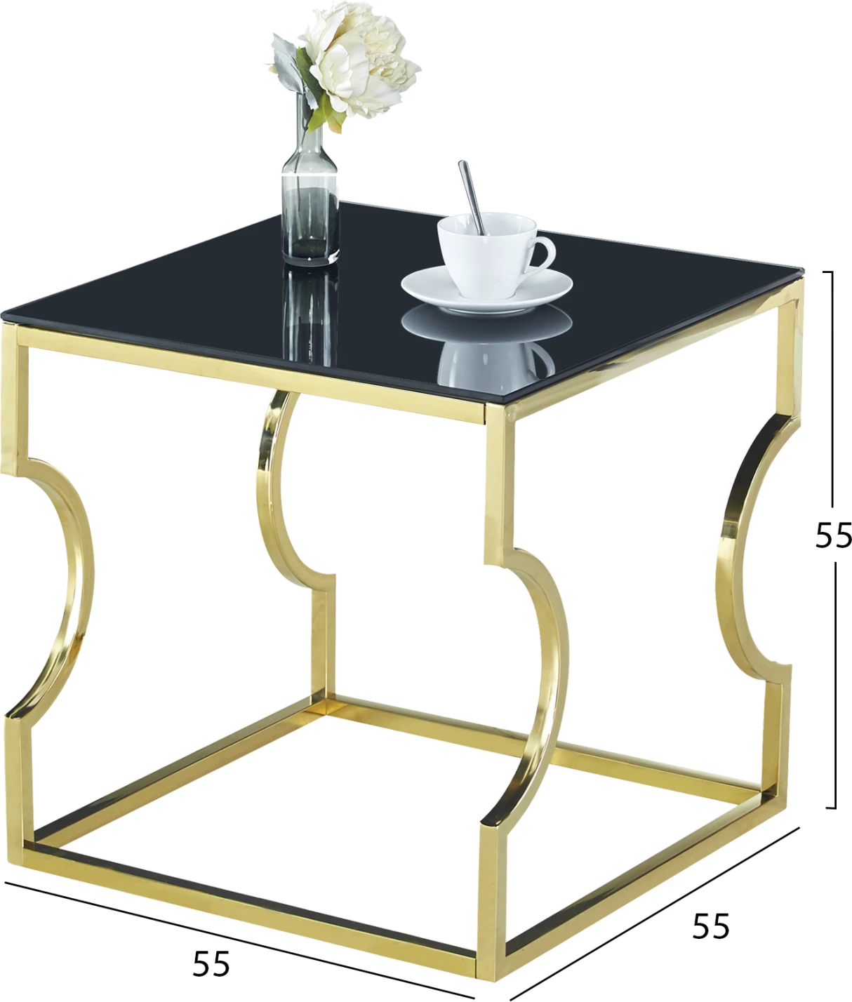 Tavolinë ndihmëse Amara FH8616.02 me xham të zi dhe bazë të artë 55x55x55