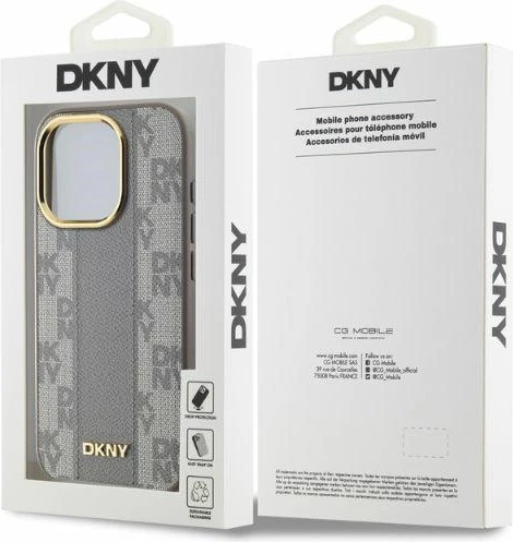 Mbështjellës DKNY Leather Checkered Mono Pattern MagSafe për iPhone 15 Pro, Bezhe