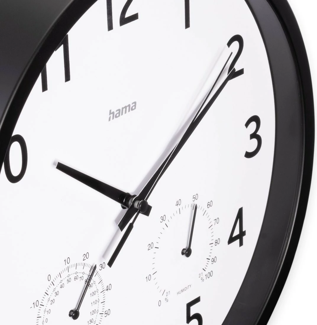 Orë muri Hama Malta, 25cm, analog, me termometër dhe higrometër, e zezë