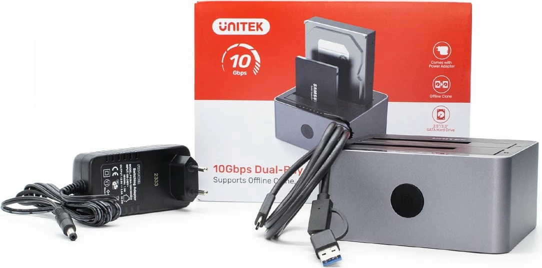Stacion klonimi disqesh Unitek Y-3027GY01-EU, 2x 2.5''/3.5'' SATA SSD/HDD, USB-C 10 Gbps, offline clone, gri