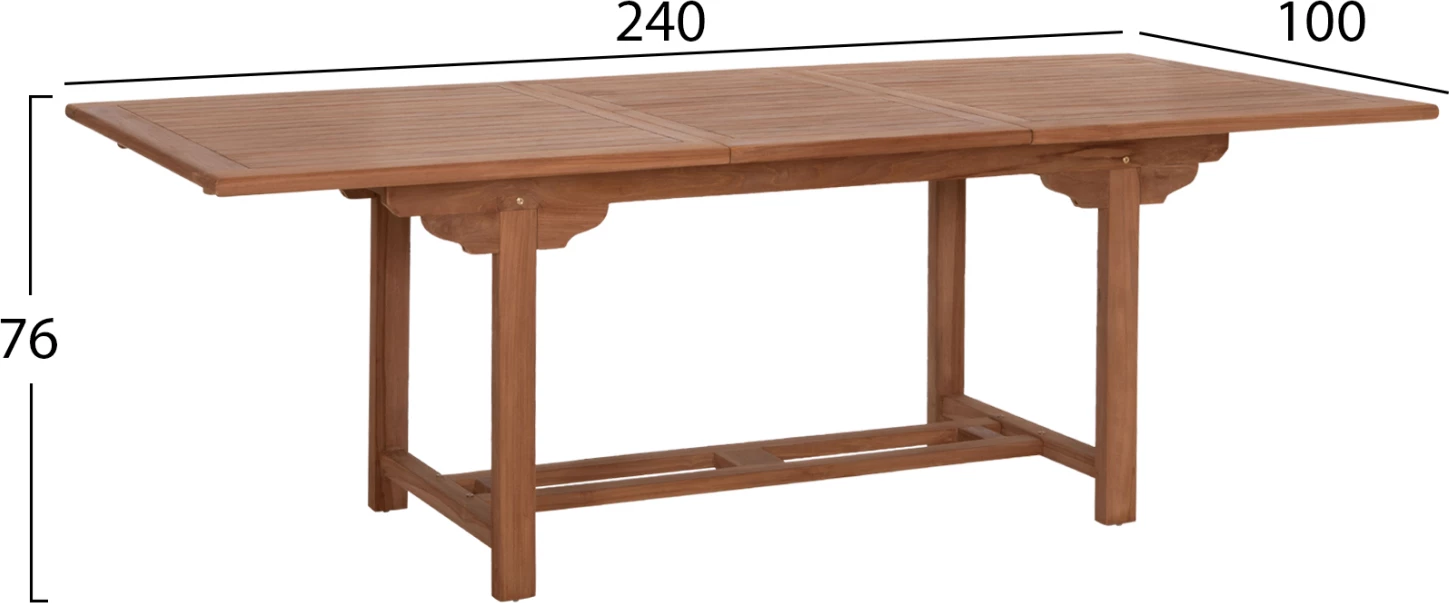 Tavolinë ngrënieje e zgjatshme për jashtë, dru tik natyral, CRANDER FH6376, 180-240x100x76cm
