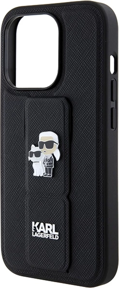 Mbështjellës Karl Lagerfeld Gripstand Saffiano Karl&Choupette Pins për iPhone 13 Pro/13, i zi