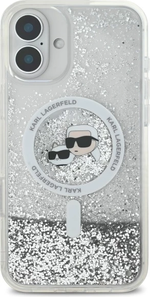 Mbështjellës Karl Lagerfeld Liquid Glitter Karl&Choupette Head MagSafe për iPhone 16, Transparent