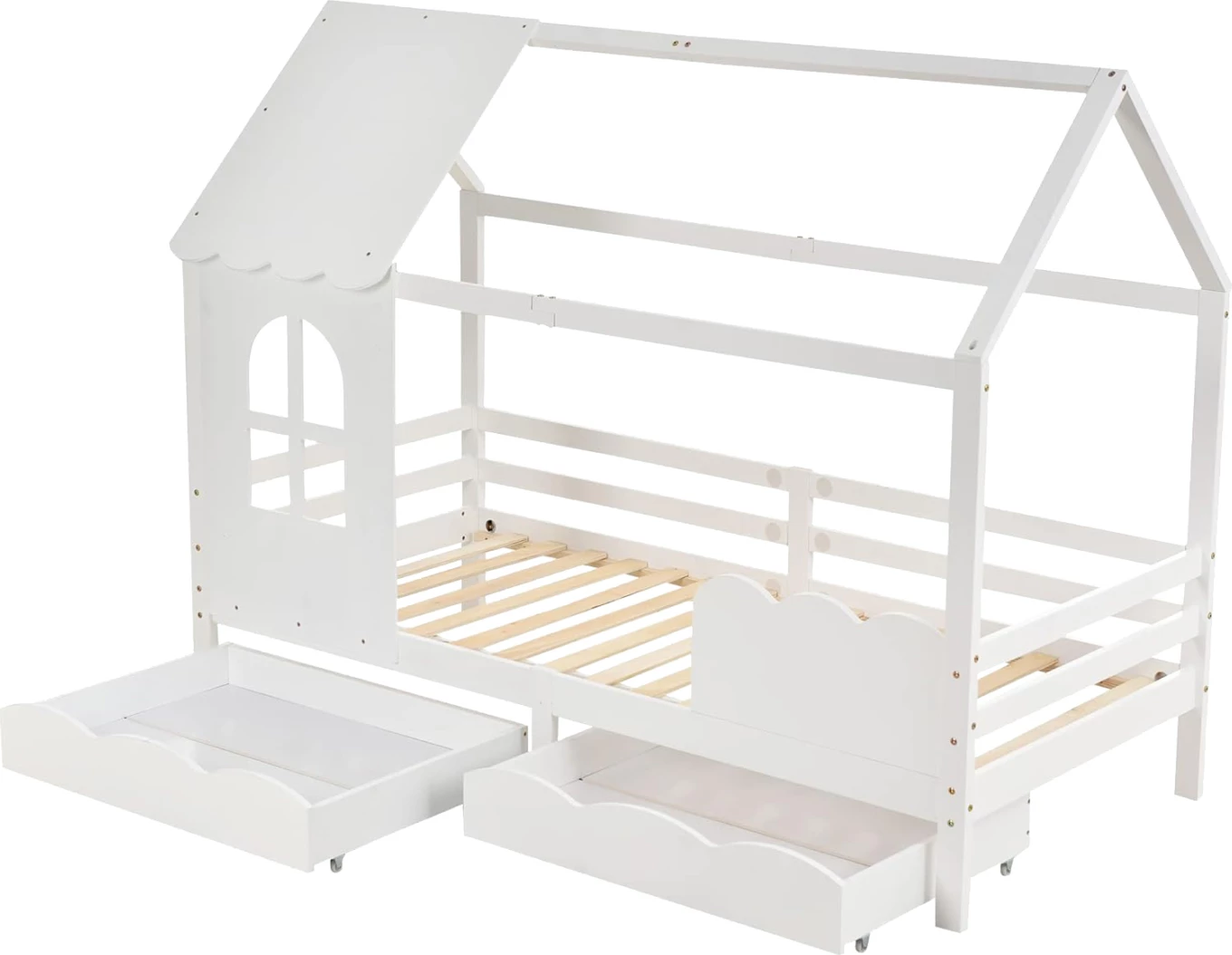 Krevat fëmijësh Montessori me 2 sirtarë DOMER FH710.03, dru pishe, ngjyrë e bardhë, dyshek 90x190cm