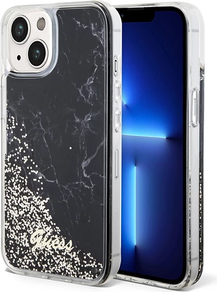 Mbështjellës Guess Liquid Glitter Marble për iPhone 14, i zi