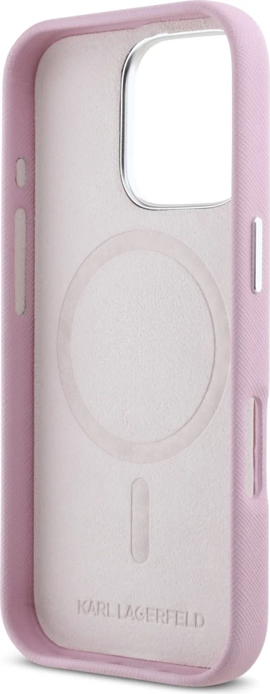 Mbështjellës Karl Lagerfeld Saffiano Full Wrapped Elongated Metal Logo MagSafe për iPhone 16 Pro Max, Rozë