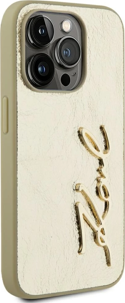 Mbështjellës Karl Lagerfeld Wrinkled Metal Signature për iPhone 15 Pro, Gold