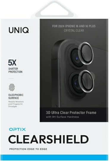 Mbrojtës lentash UNIQ Optix për iPhone 16 / 16 Plus, me aplikator, Transparent/Black