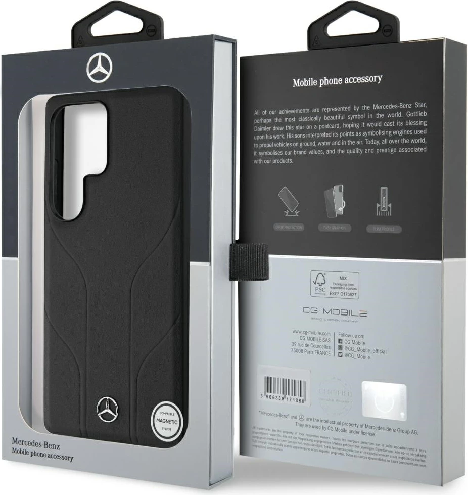 Mbështjellës Mercedes Leather Debossed Lines MagSafe për Samsung Galaxy S25 Ultra, i zi