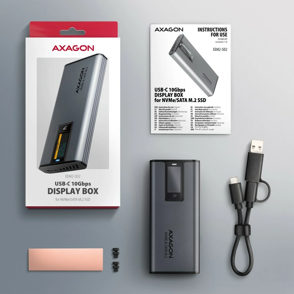 Kasë e jashtme AXAGON EEM2-SD2, për SSD M.2 NVMe/SATA, USB-A/C 3.2 Gen2, ekran LCD, Gri