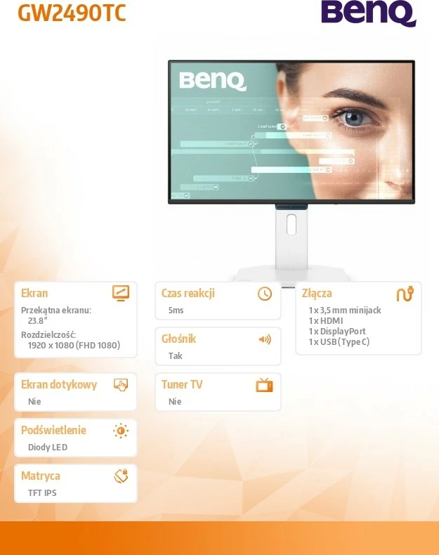 Monitor BenQ GW2490TC 23.8'' FHD 144Hz IPS 5ms, HDMI/DisplayPort/USB-C, altoparlantë, rregullim lartësie, zi/bardhë