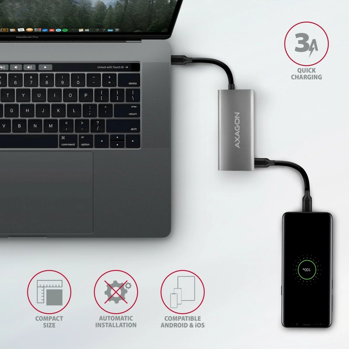 Hub USB AXAGON HMC-4G2, 4 porta (2x USB-A, 2x USB-C), USB 3.2 Gen 2, kabllo USB-C 13cm, zi/gri
