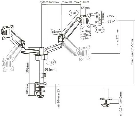 Mbajtës tavoline për dy monitorë Gembird MA-DA2P-01, i rregullueshëm, 17-32 inç, i zi
