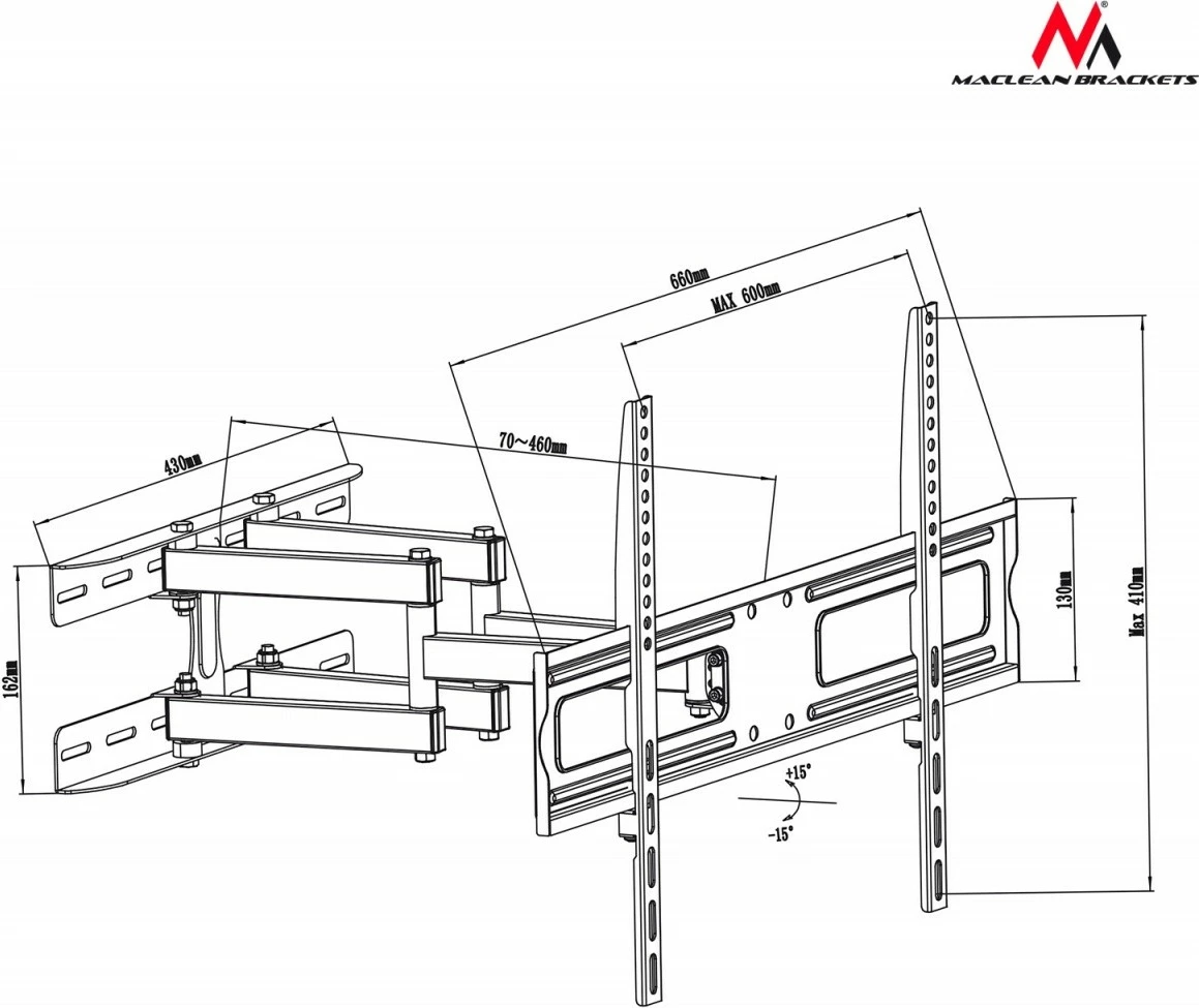 Mbajtëse muri për TV Maclean MC-762, 37-70 inç, metal, e zezë