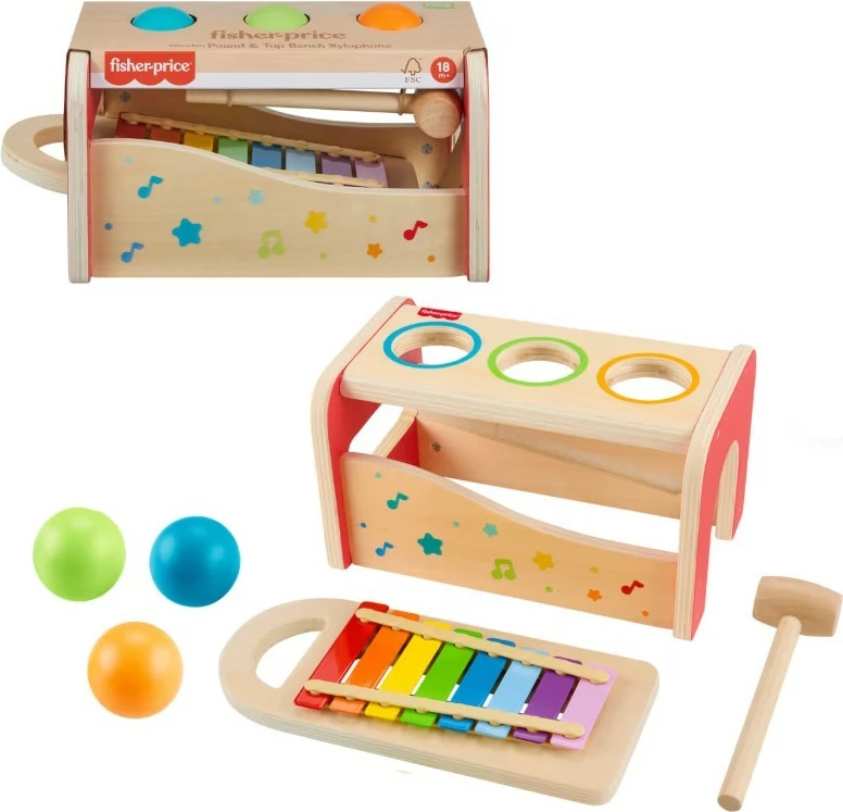 Lodër muzikore prej druri Fisher Price HXT88 me ksilofon dhe topa, shumëngjyrëshe