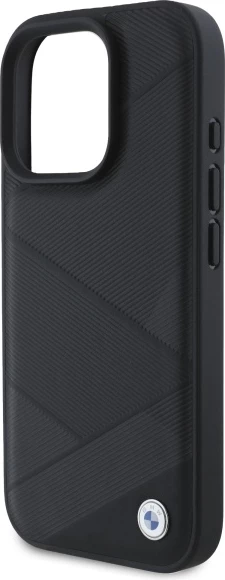 Mbështjellës BMW Sign Leather Crossing Lines Pattern për iPhone 16 Pro Max, lëkurë, zi