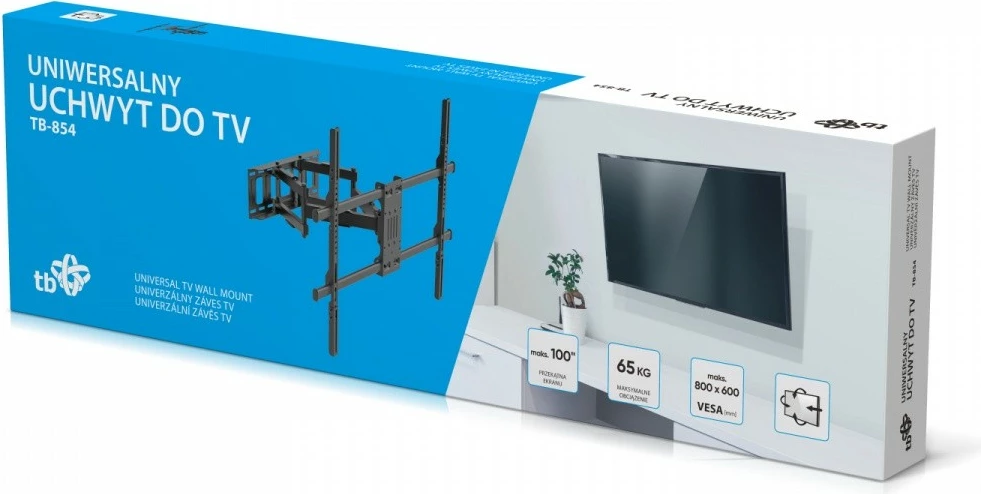 Mbajtës muri TV, TB, TB-854, deri 100 inç, ngarkesë 65 kg, VESA 800x600, shtrirje 70–505 mm, rrotullim 60°, pjerrësi 12°, zi