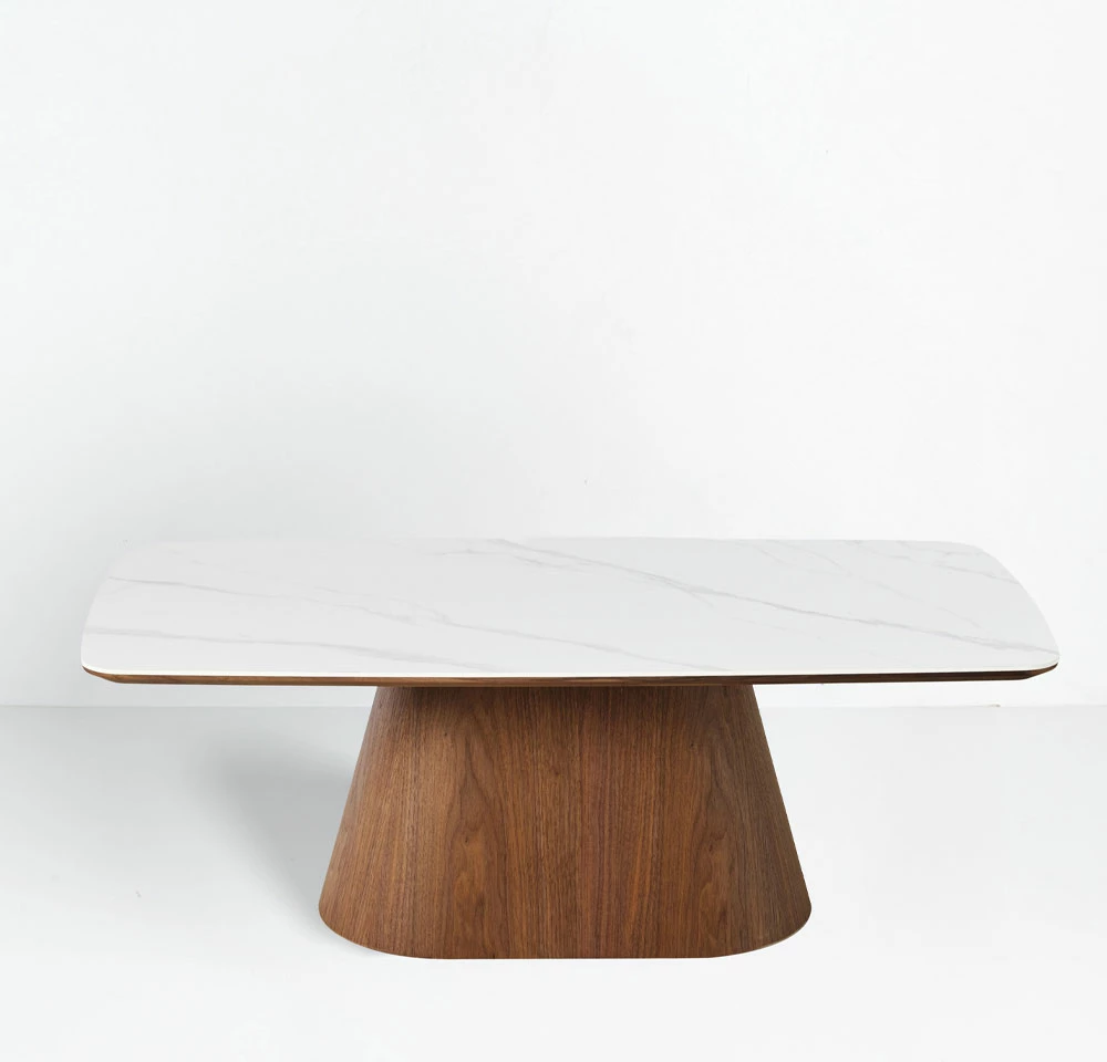 Tavolinë kafeje Totem, ngjyrë arre-bardhë me pamje mermeri, 120x60x42cm