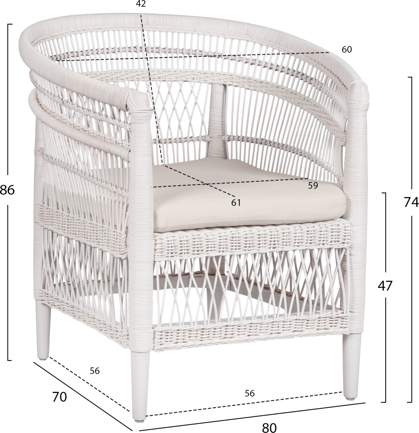 Karrige MALAWI FH9635.02 dru mahogany me rattan, jastëk i bardhë-bardhë 80x70x86Hcm