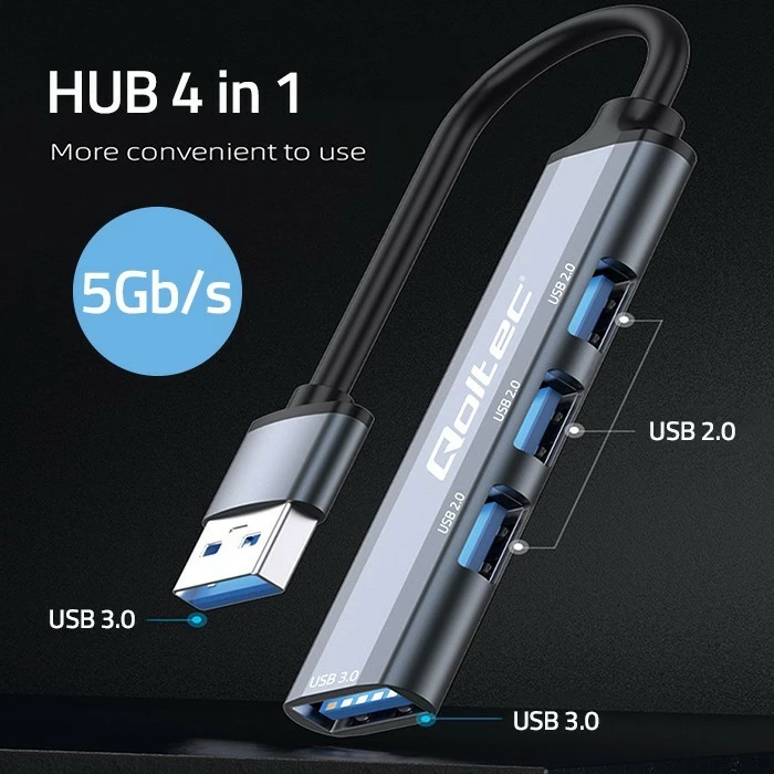 HUB USB Qoltec 4-në-1, model 53793, USB 3.0 + 3x USB 2.0, grafit